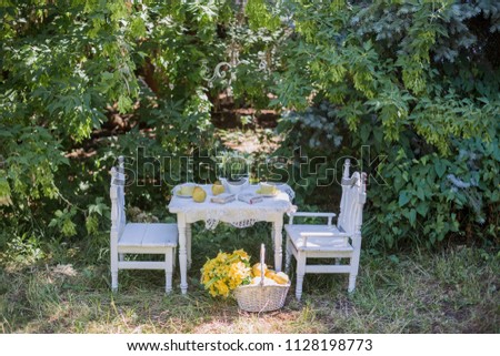 table with chairs and flowers in the park