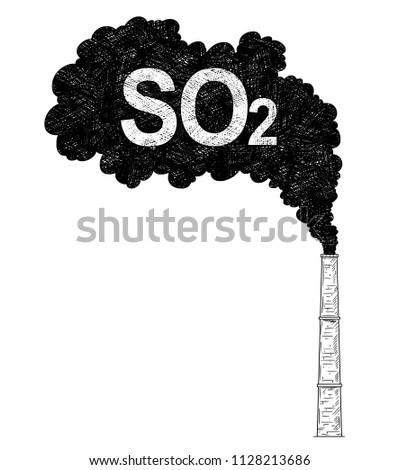Vector artistic pen and ink drawing illustration of smoke coming from industry or factory smokestack or chimney into air. Environmental concept of sulfur dioxide or SO2 pollution.