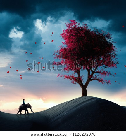 Explorer riding a elephant in the desert and discovers a red tree.