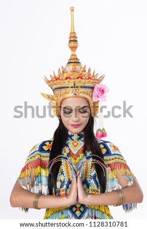 Asian woman in traditional costume of Southern Thailand. Nora dance show.