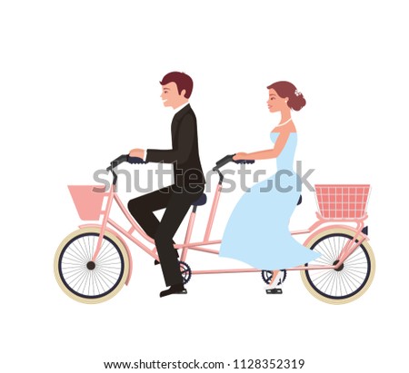 just married couple in bicycle tandem