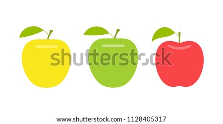 Yellow, green and red apple. flat style. isolated on white background