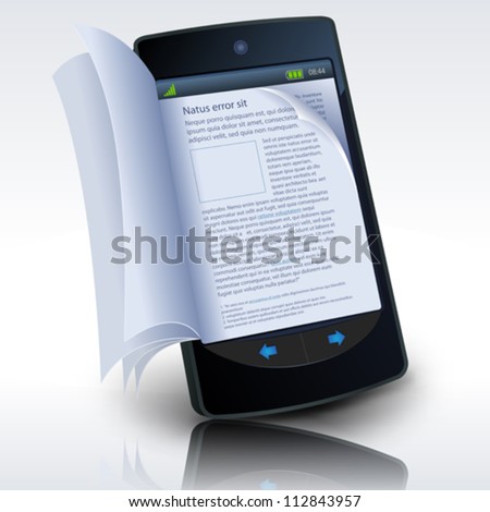 Smartphone E-Book/ Illustration of a smartphone e-book with realistic pages flipping effect. Imaginary model not made from a real existing mobile phone
