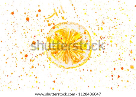 Hand drawn watercolor, slice of orange with paint splashes. Orange fruit