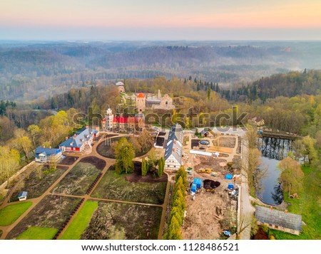 Sigulda view from a bird's eye view. Sigulda Castle also known as Sigulda New Castle.
