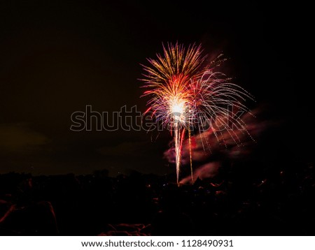 Beautiful vibrant and colorful red, purple, pink and white fourth of July independence day celebratory fireworks exploding in the black night sky.