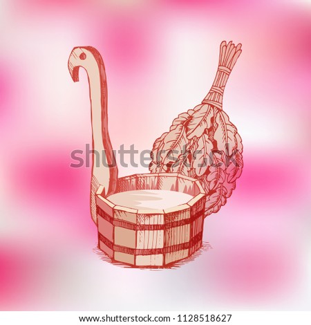Bathing goods. A wooden barrel and an oak broom for a sauna. A template for the bathing company. The place for your text. The manual drawing shading on a pink indistinct background. Pink monochrome