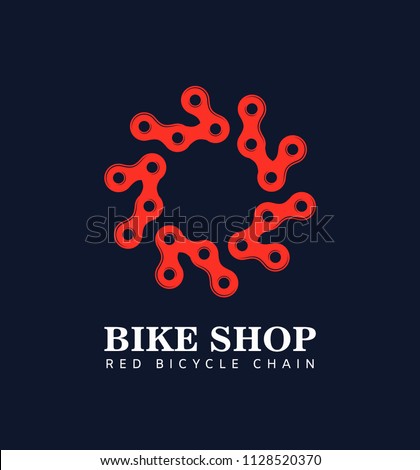 Red bicycle chain around the circle isolated vector logo on dark background. Logotype of bike parts shop. connected metal links