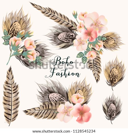 Collection of fashion boho bouquets with roses and feathers for design