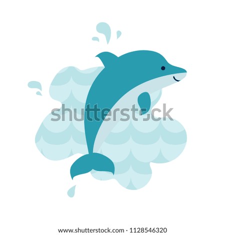 Cute cartoon dolphin on blue wave background. 