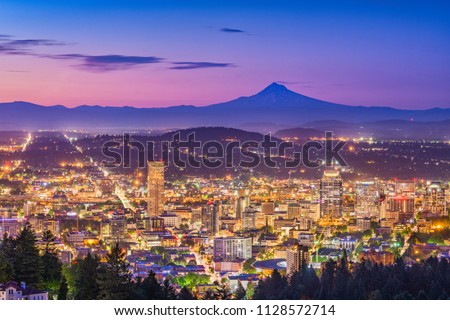 Portland, Oregon downtown city skyline with Mt. Hood.