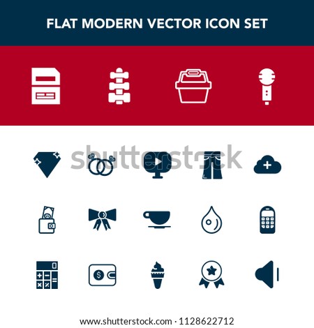 Modern, simple vector icon set with tie, bow, cappuccino, purse, gym, music, diamond, woman, internet, equipment, cafe, white, voice, cup, coffee, fitness, save, pants, file, gem, drink, money icons