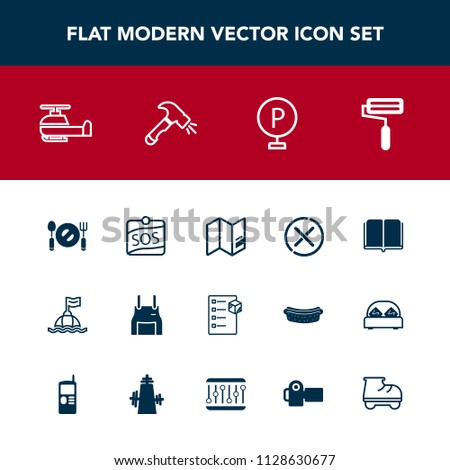 Modern, simple vector icon set with cook, label, transport, stop, world, travel, water, air, aviation, sign, safety, helicopter, delivery, car, library, sos, buoy, spoon, paint, education, sea icons