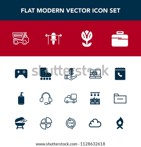 Modern, simple vector icon set with floral, life, tree, game, soap, briefcase, business, technology, truck, skating, online, clean, leisure, fun, microphone, growth, call, vehicle, blossom, book icons