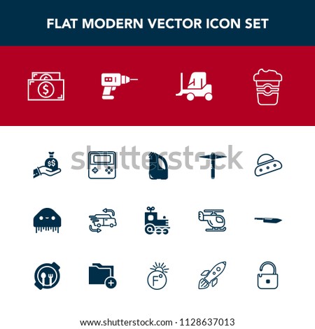 Modern, simple vector icon set with equipment, machine, travel, science, car, web, cash, hand, can, toy, protection, alien, ship, monster, train, cafe, finance, ufo, business, cargo, currency icons