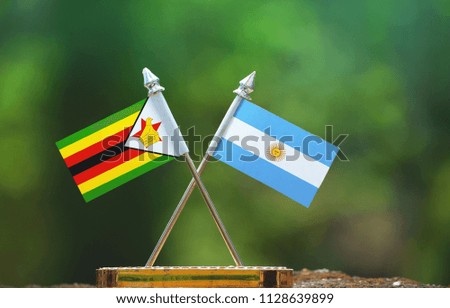 Argentina and Zimbabwe small flag with blur green background