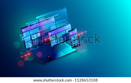 Web development and coding. Cross platform development website. Adaptive layout internet page or web interface on screen laptop, tablet and phone. Isometric concept illustration. Royalty-Free Stock Photo #1128653108