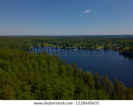 Aerial view of lake in Sweden surrounded by forest and with some houses on the bank.