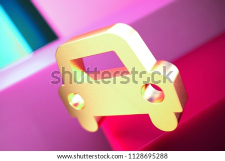 Car Icon on the Candy Magenta and Cyan Geometric Background. 3D Illustration of Gold Car, Transportation, Travel, Vehicle Icon Set With Color Boxes on Magenta Background.