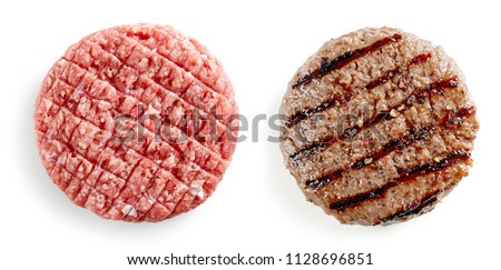 raw and grilled burger meat isolated on white background, top view