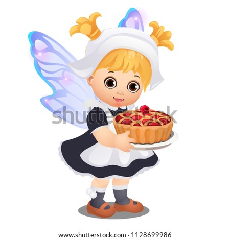 A little happy animated girl with fairy wings holding a delicious raspberry pie isolated on white background. Vector cartoon close-up illustration.