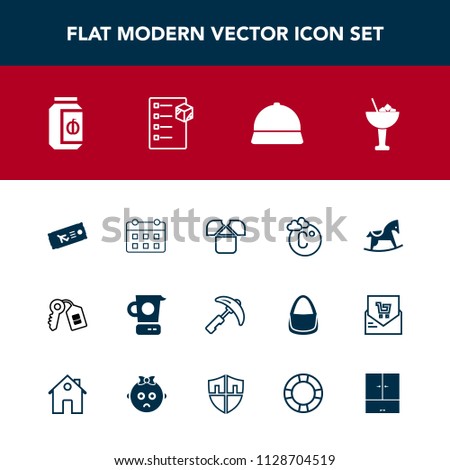 Modern, simple vector icon set with airplane, scale, drink, shirt, ticket, fahrenheit, glass, food, industry, tshirt, timetable, horse, picking, door, flight, time, equipment, baby, mixer, plane icons