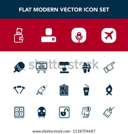 Modern, simple vector icon set with sky, paper, coffee, sound, label, microphone, social, showing, pointing, radio, airplane, tag, machine, dollar, finger, telescope, astronomy, person, sweet icons