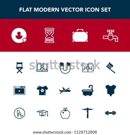 Modern, simple vector icon set with baby, health, internet, pole, clothing, style, water, web, faucet, call, seat, field, science, sink, flight, plane, account, technology, sign, add, bathroom icons