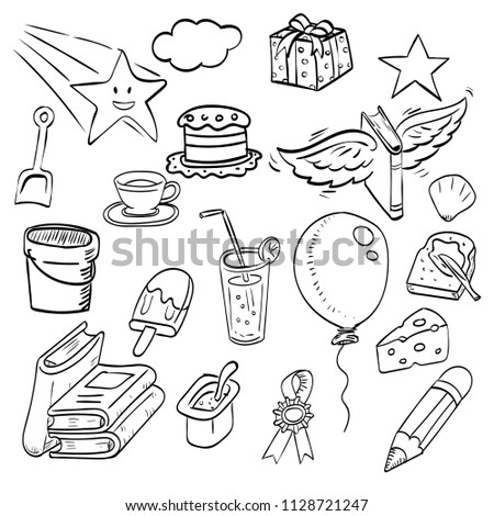 Set of hand drawn ink doodle, Design elements for party invitation or cute background. Food, star shape, beach, cloud, book, wing. Cartoon sketch doodle illustration.