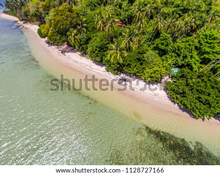 Seascape landscape from the sky. Beach on top. Sea, sand, palm trees.