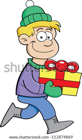 Cartoon illustration of a boy carrying a gift