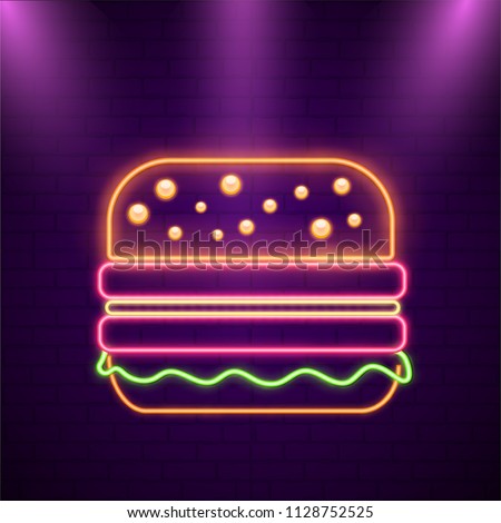 Illustration of a gloosy burger on purple brick wall in neon effect. Royalty-Free Stock Photo #1128752525