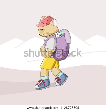 Cat tourist with a backpack on the back against a backdrop of white mountains. Flat illustration for design.
