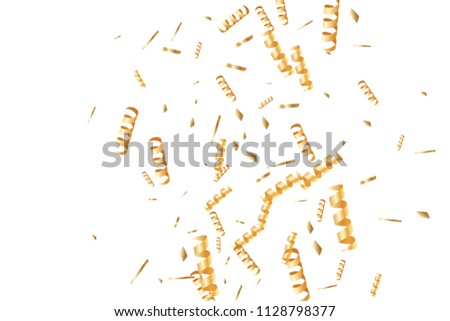  Gold confetti, ribbons. Falling glitter. Bokeh background. Abstract golden anniversary invitation template. Wedding concept card. Flying abstract particles. Explosion celebrate card.