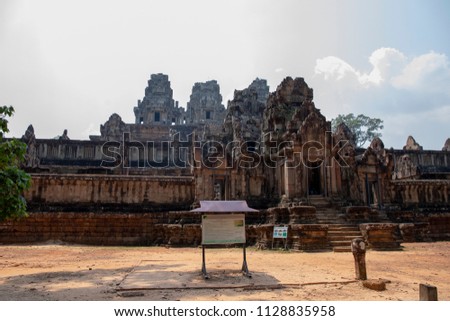 Landscape with ancient temple in Angkor Wat complex, Cambodia. Ta Keo temple central entrance. Khmer architecture legacy monument. Tourist place of interest. Tourism travel and sightseeing in Asia