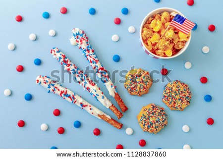 Red white and blue food flat lay with patriotic treats for the Fourth of July
