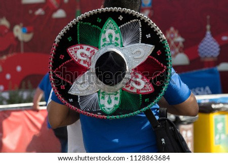Mexican in a sombrero. Football fan. Moscow Russia.