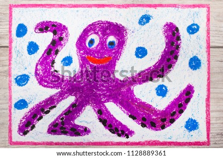 Colorful hand drawing and crayons: Smiling cute octopus