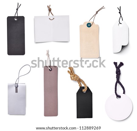 collection of blank price labels on white background. each one is shot separately