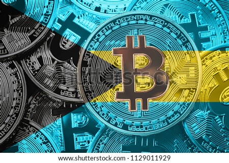 Stack of Bitcoin Bahamas flag. Bitcoin cryptocurrencies concept. BTC background.