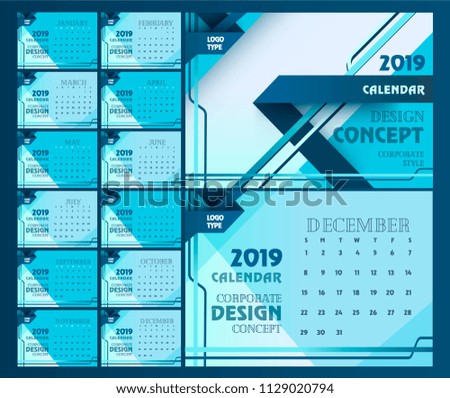Desk Calendar 2019 template - 12 months included - Horizontal, A4,A5 Size - Modern Corporate Style