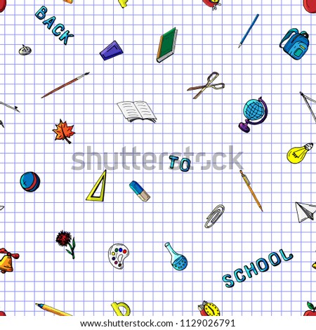 Vector seamless pattern retro drawing of different school objects. Theme back to school. Can be used for the background of a web page, fills drawings, wallpapers, surface textures.
