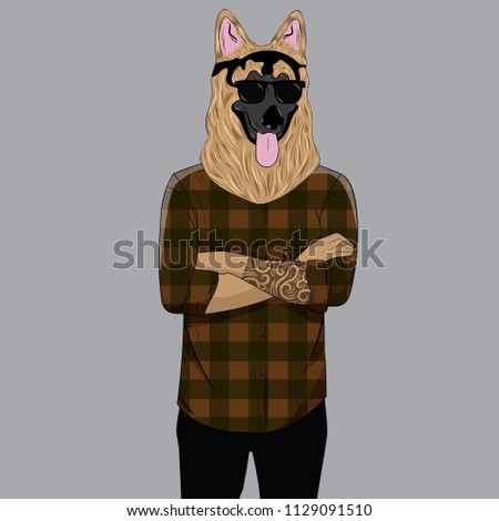 Dog dressed up in plaid shirt. Anthropomorphic illustration, fashion animals