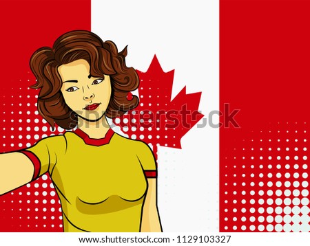 Asian woman taking selfie photo in front of national flag Canada in pop art style illustration. Element of sport fan illustration for mobile and web apps on national flag background