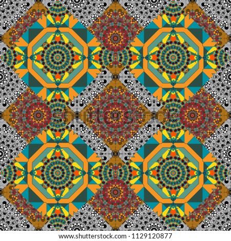 Seamless pattern tile. Vintage vector decorative elements in yellow, blue and gray tones. Perfect for printing on fabric or paper. Islam, Arabic, Indian, ottoman motifs.