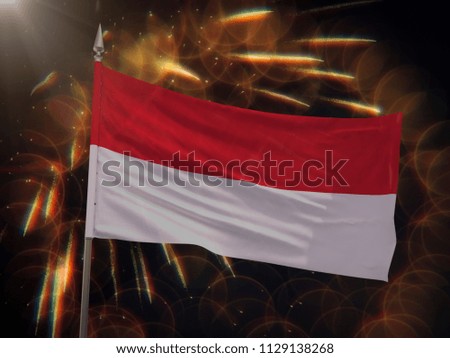 Flag of Monaco with fireworks display in the background