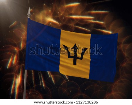 Flag of Barbados with fireworks display in the background