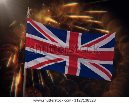 Flag of the United Kingdom with fireworks display in the background