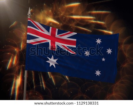 Flag of Australia with fireworks display in the background