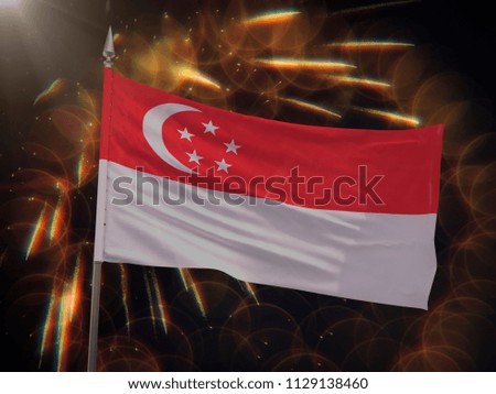 Flag of Singapore with fireworks display in the background